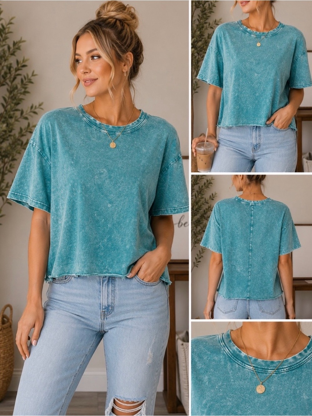 Washed Teal Short-Sleeve Women’s Tee - Casual Boxy Fit